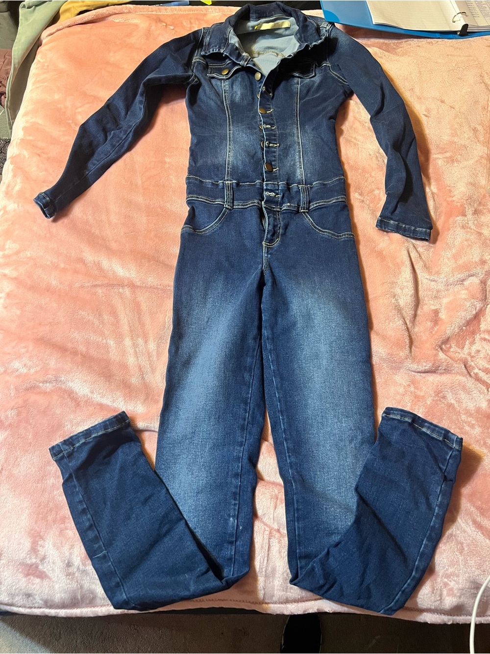 Button-Front Dark Blue Denim Jumpsuit for Women